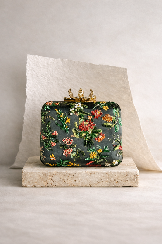 SEVILLE | Floral Printed Clutch Bag with Embellishment and Thread Embroidery