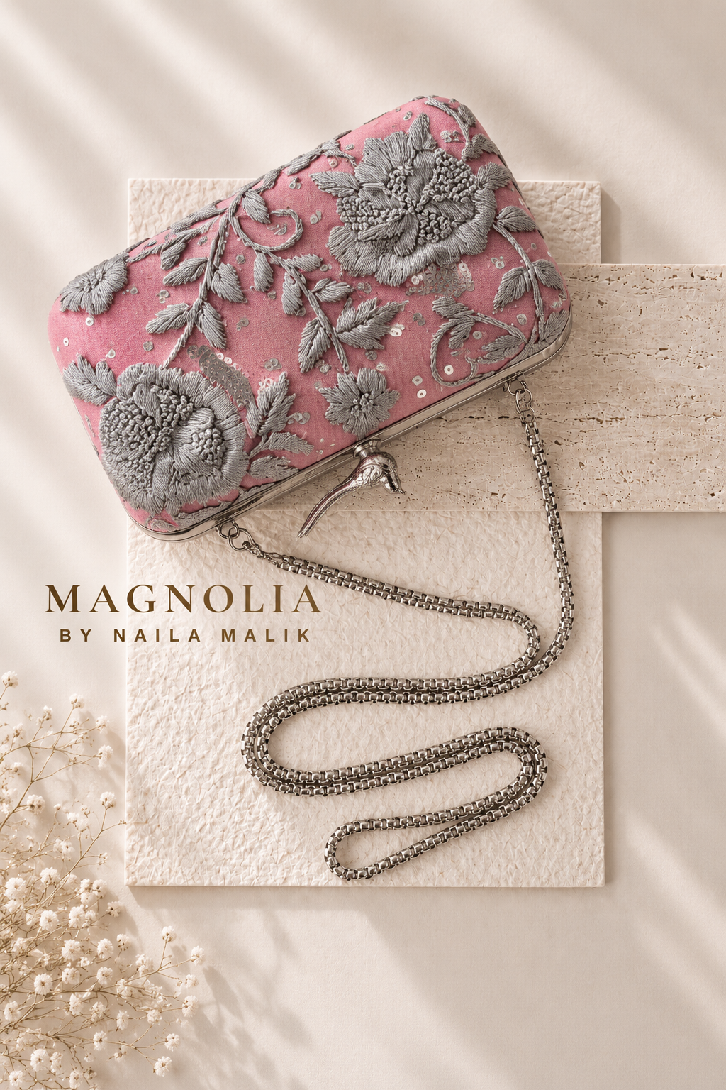 AUSTIN | Silver & Dusty Rose Embroidered Clutch