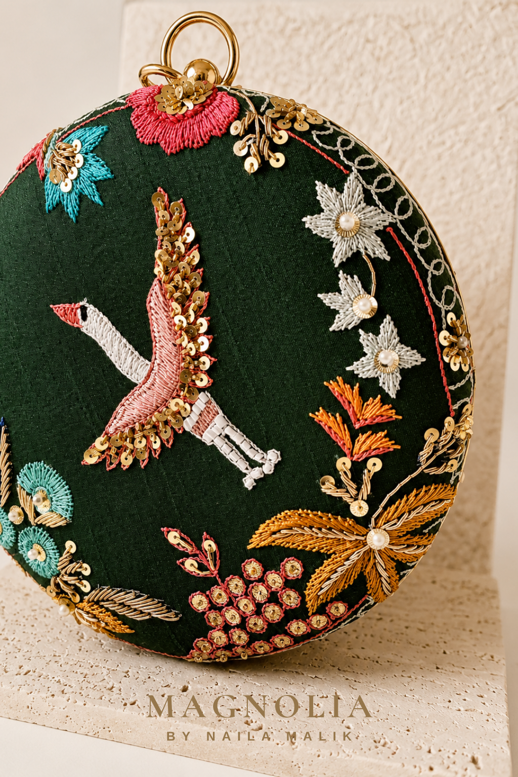 FEZ| Green Crane Embroidery Clutch