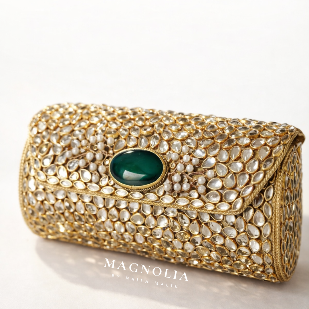 MEDINA SOUQ | Kundan Barrel Clutch with Green Stone