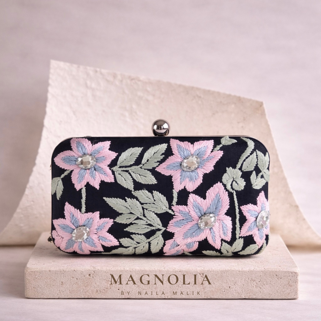 CANBERRA Vol II | Elegant Navy Blue Silk Floral Embroidered Clutch