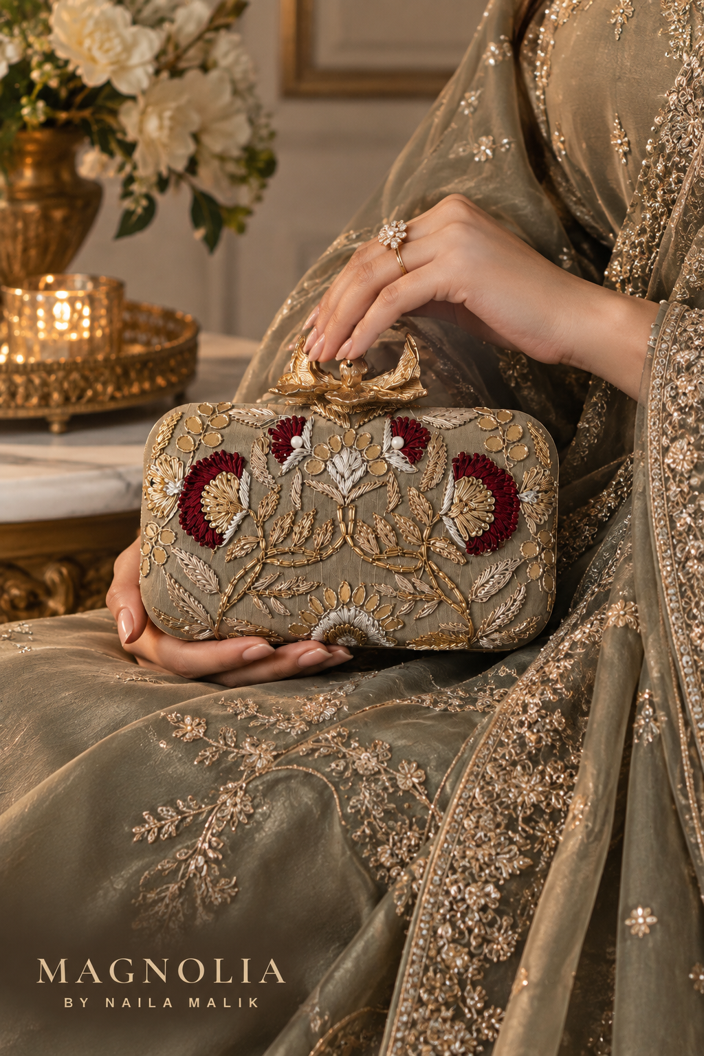 ANTALYA | Muted Olive Grey Floral Clutch