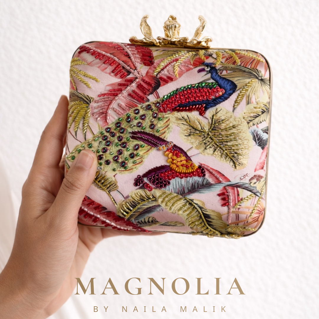 SAVANNAH Embroidered Bird Clutch Bag: Tropical Foliage, Beaded Evening Purse