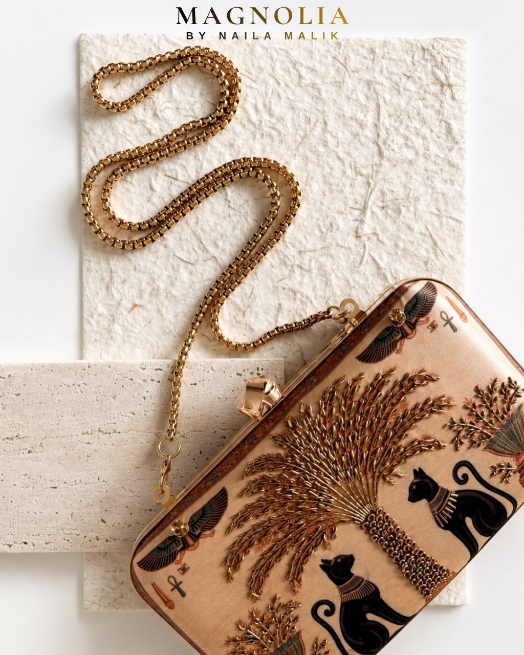 NEFRA OF NILE | Ancient Egypt Inspired Gold Printed Clutch Bag
