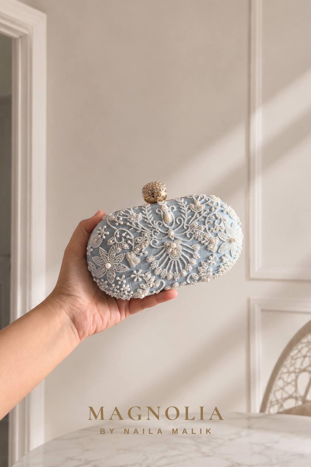 MALLAWI | Powder Blue Pearl Embellished Clutch