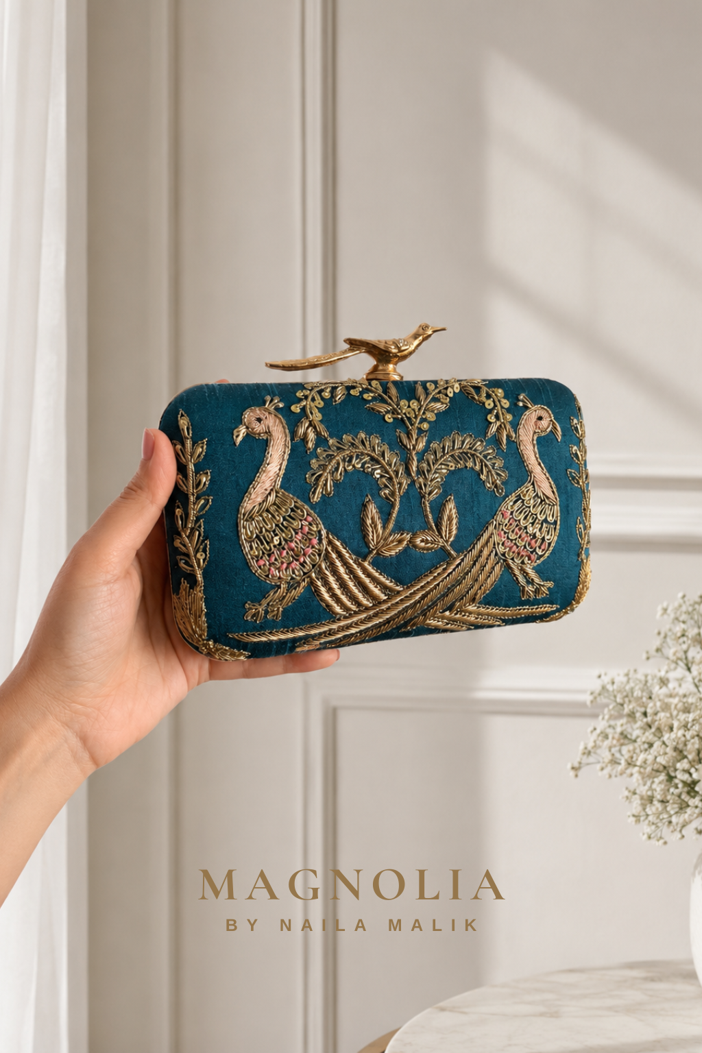 MARBELLA | Teal Bird Embroidery Clutch Bag