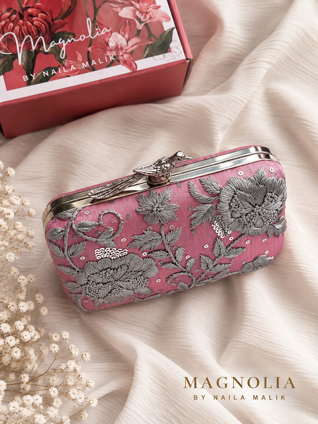 AUSTIN | Silver & Dusty Rose Embroidered Clutch