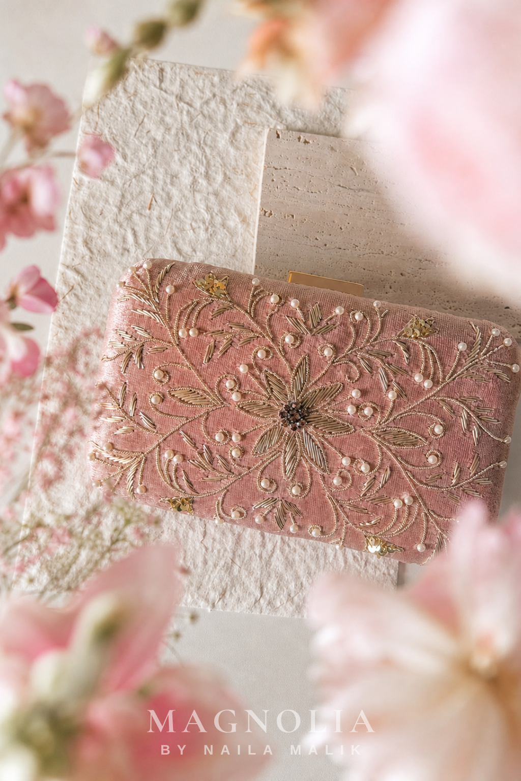 ROME | Pink Velvet EmbroideredClutch