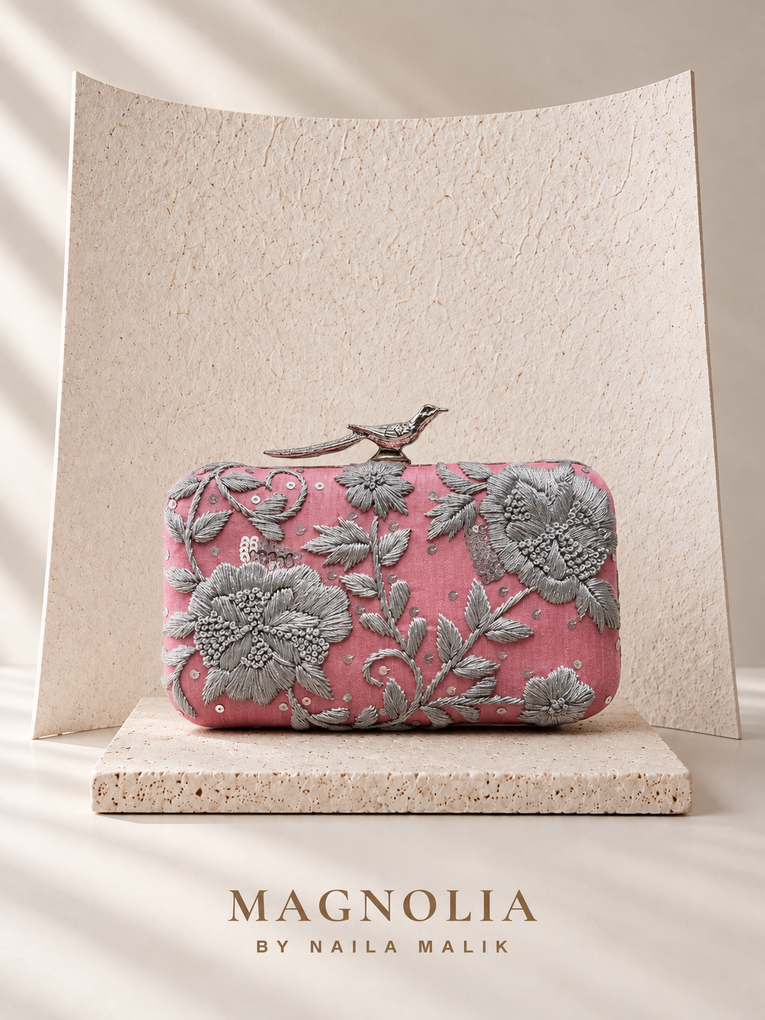 AUSTIN | Silver & Dusty Rose Embroidered Clutch