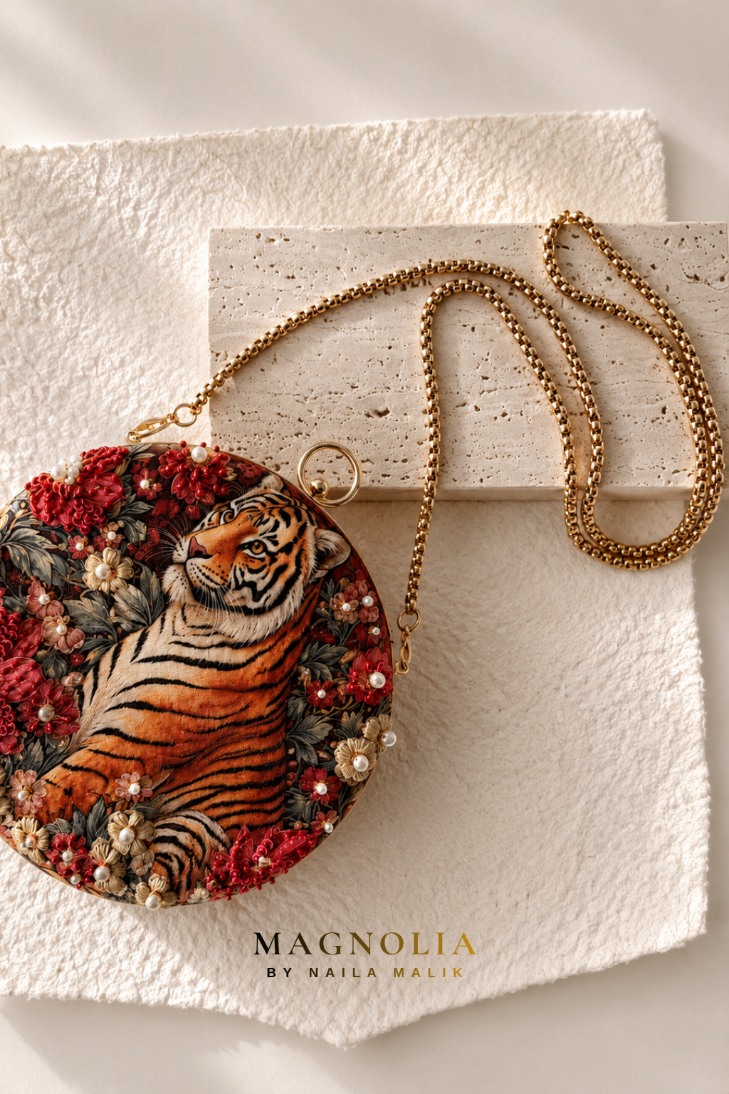 BAGH OF BENGAL | Indian Themed Red Orange Printed Embroidered Clutch