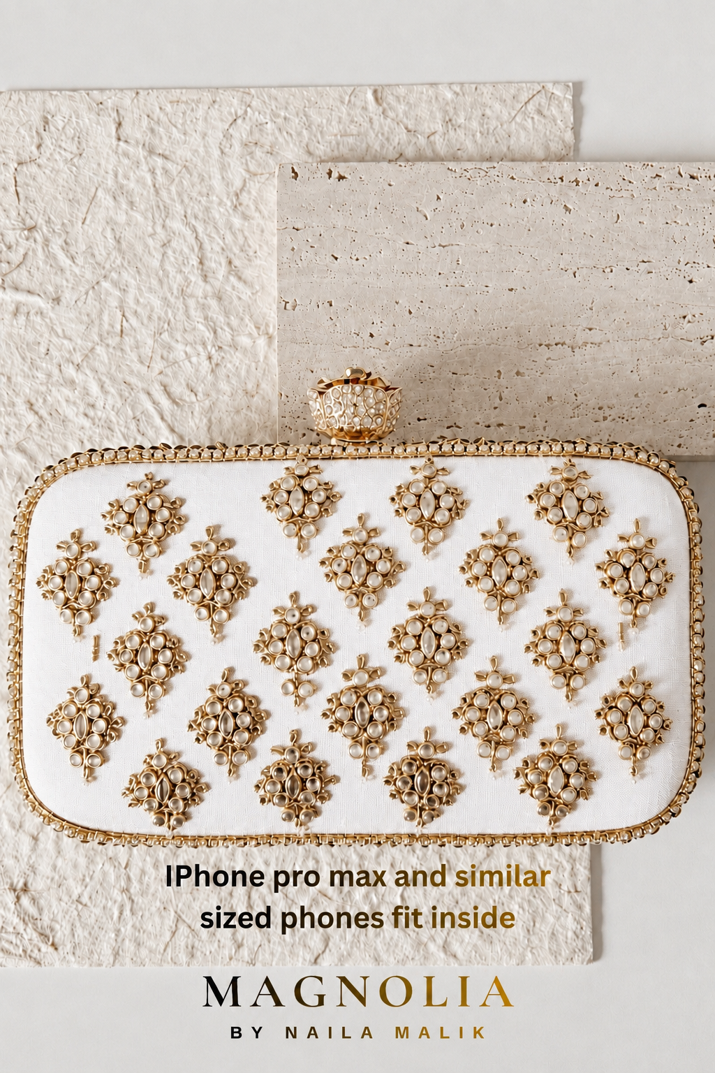MANAMA | Kundan White Silk Clutch