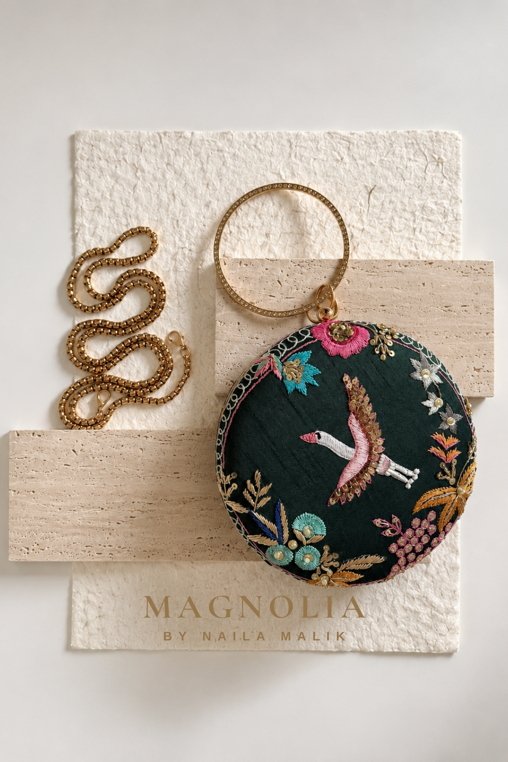 FEZ| Green Crane Embroidery Clutch