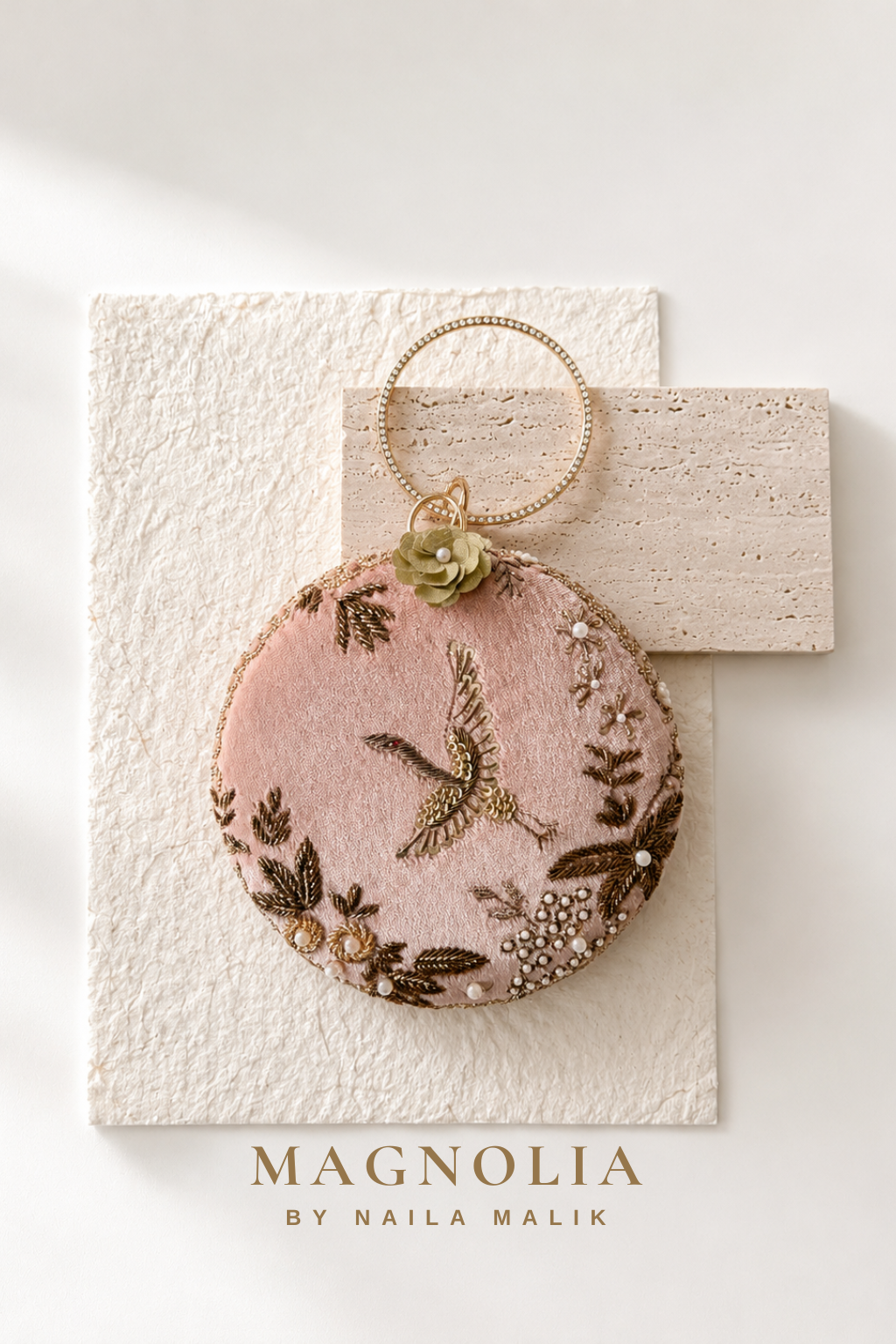 FEZ| Pink Crane Embroidery Clutch