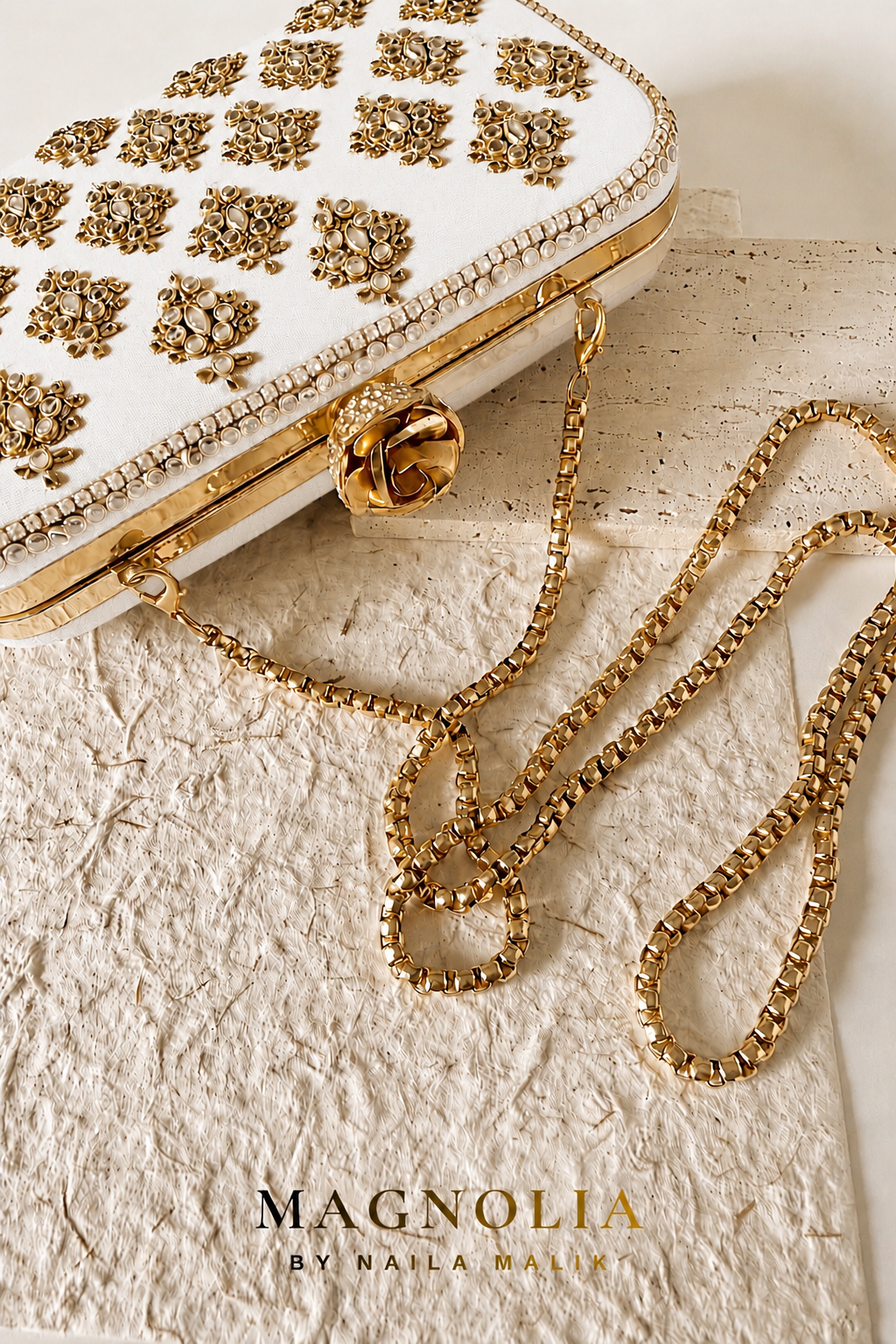 MANAMA | Kundan White Silk Clutch
