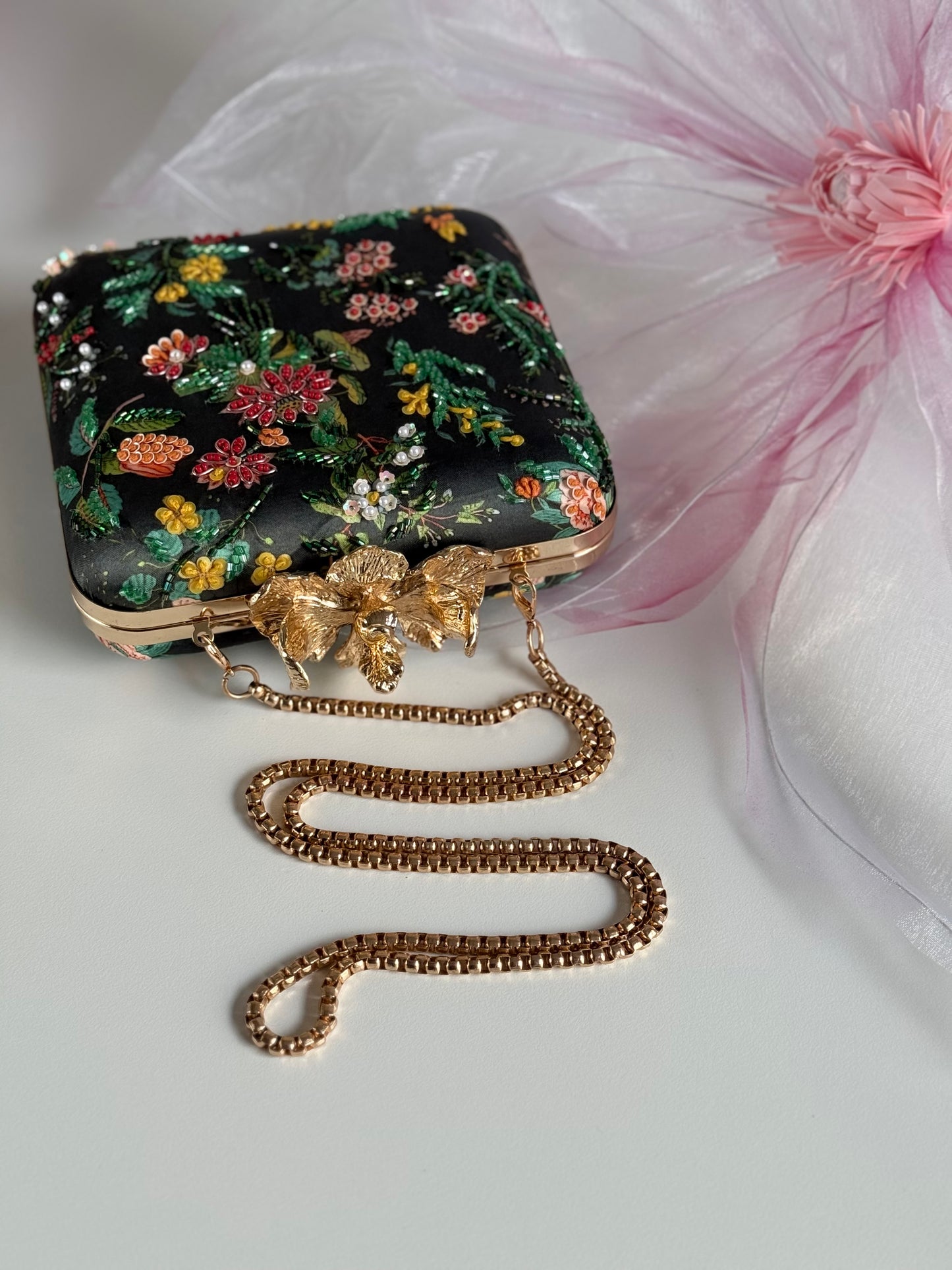 SEVILLE | Floral Printed Clutch Bag with Embellishment and Thread Embroidery