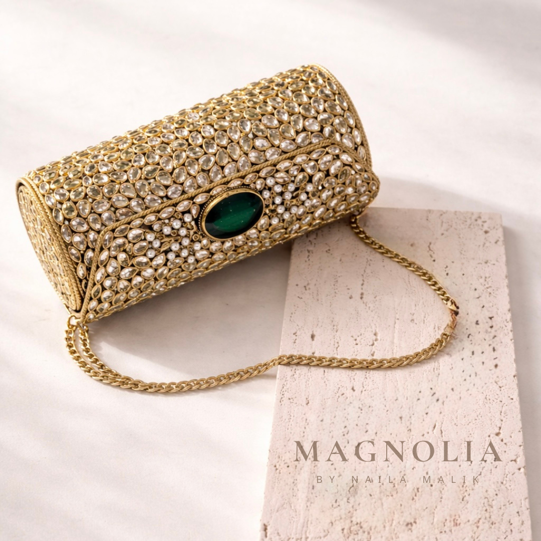 MEDINA SOUQ | Kundan Barrel Clutch with Green Stone
