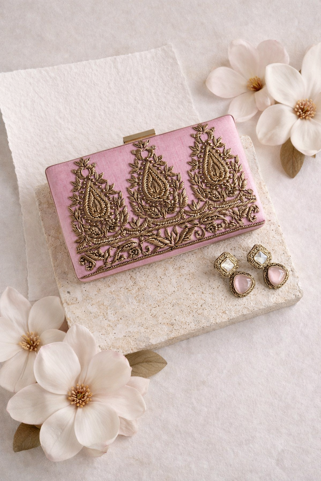 AMARNA | Dusty Rose Pink Embroidered Clutch Bag – Gold Zardozi Bridal Purse, Indian Wedding Evening Bag