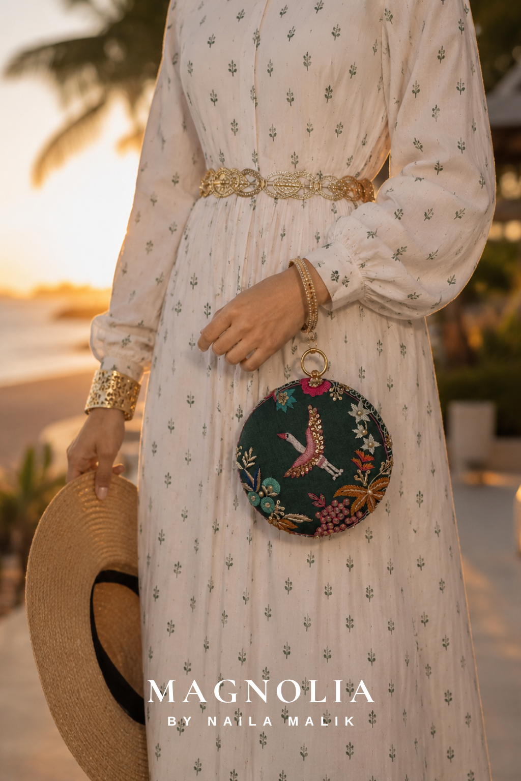 FEZ| Green Crane Embroidery Clutch