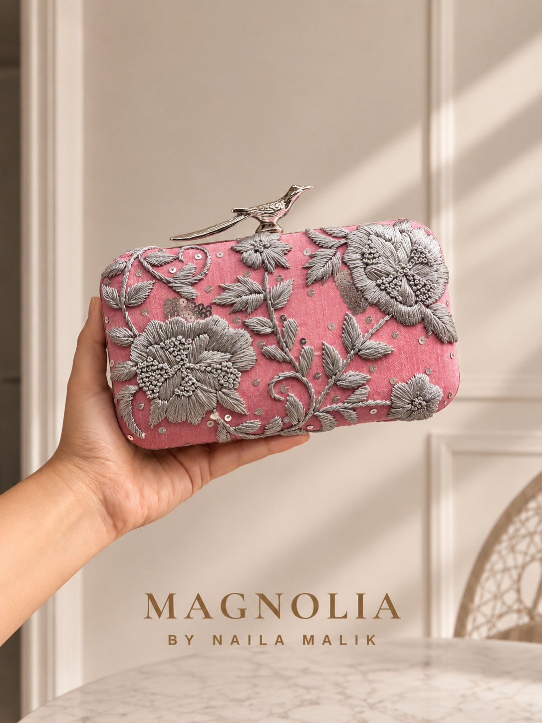 AUSTIN | Silver & Dusty Rose Embroidered Clutch