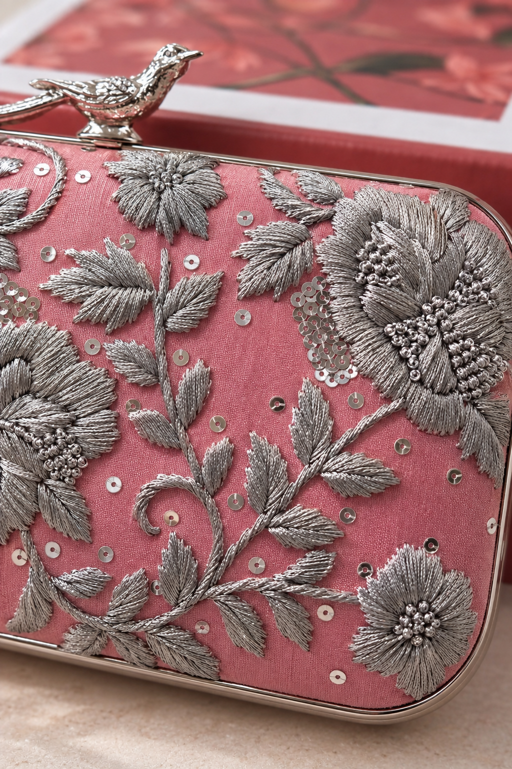 AUSTIN | Silver & Dusty Rose Embroidered Clutch