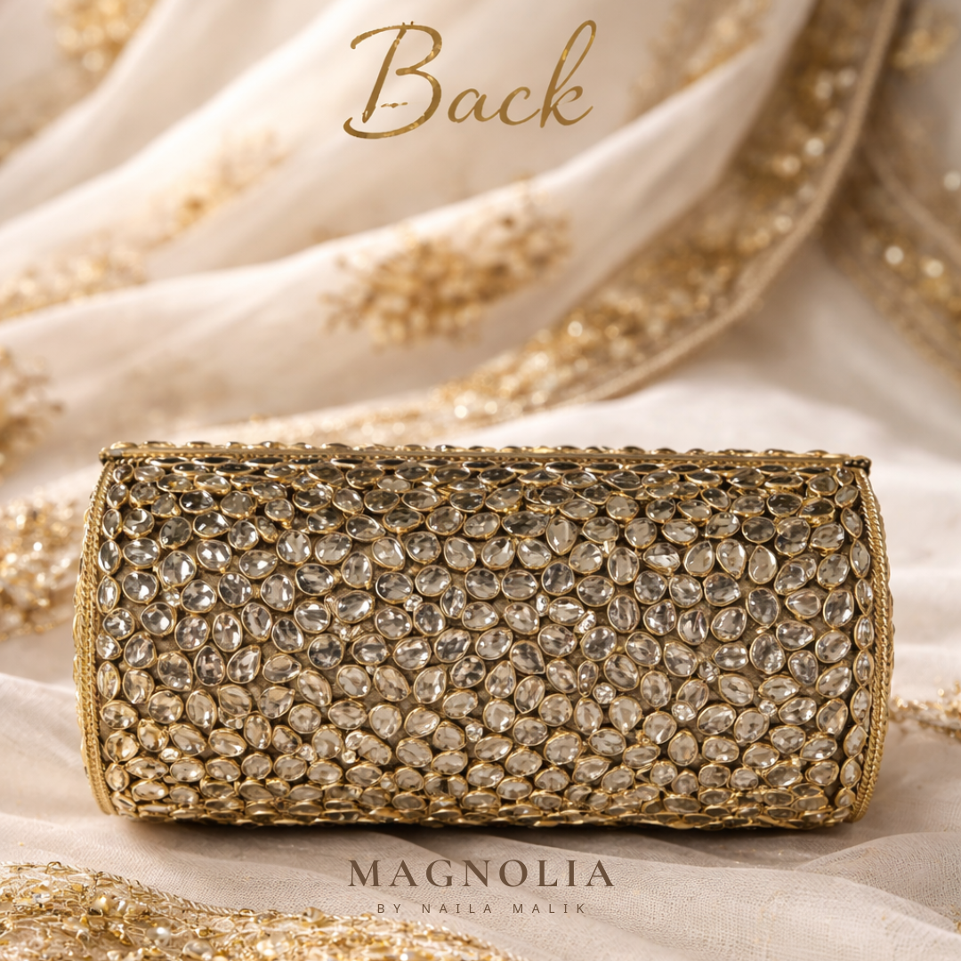 MEDINA SOUQ | Kundan Barrel Clutch with Green Stone