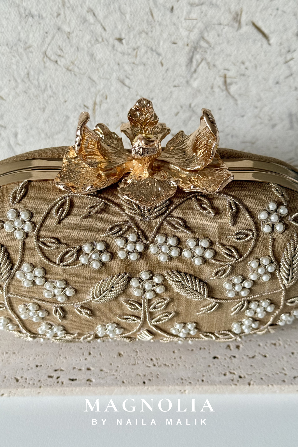 SUEZ | Floral Embroidery Gold Clutch