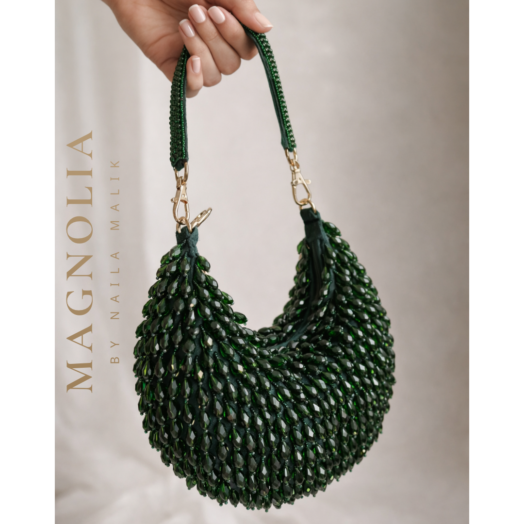 PORTOBELLO ROAD Emerald Green Beaded Party Purse | Luxury Handmade Evening Statement Bag