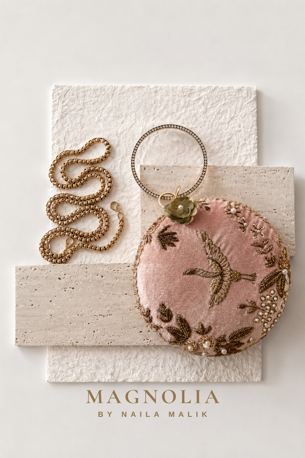 FEZ| Pink Crane Embroidery Clutch