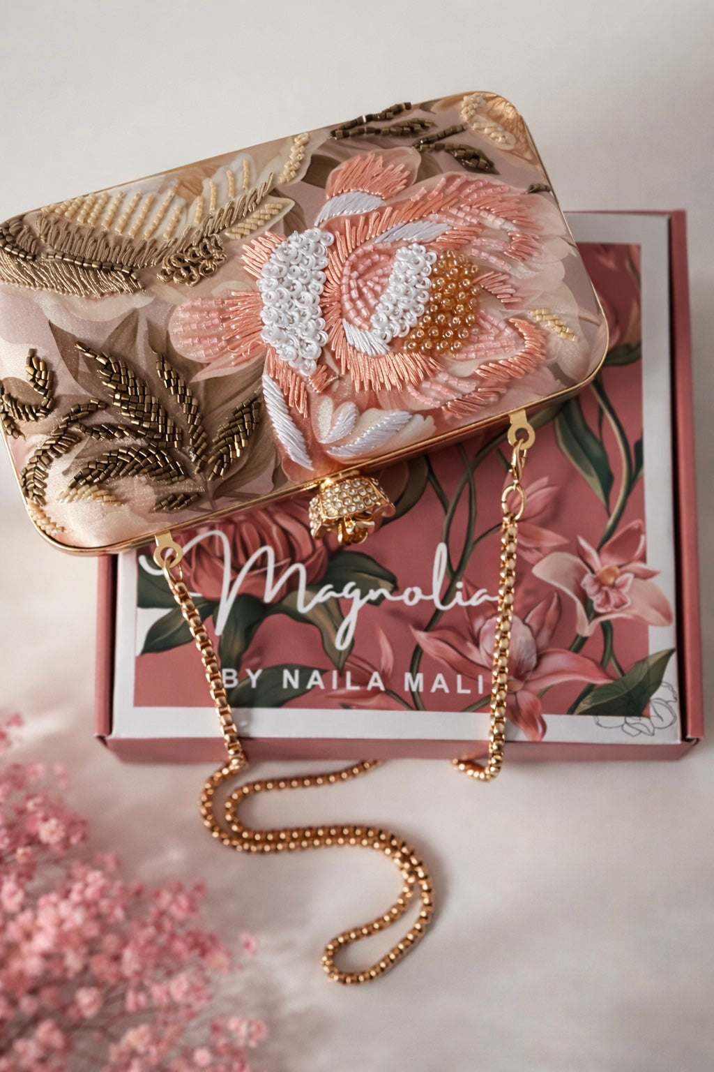 SALQIN | Blush Floral Clutch Bag– Handcrafted Silk & Beadwork