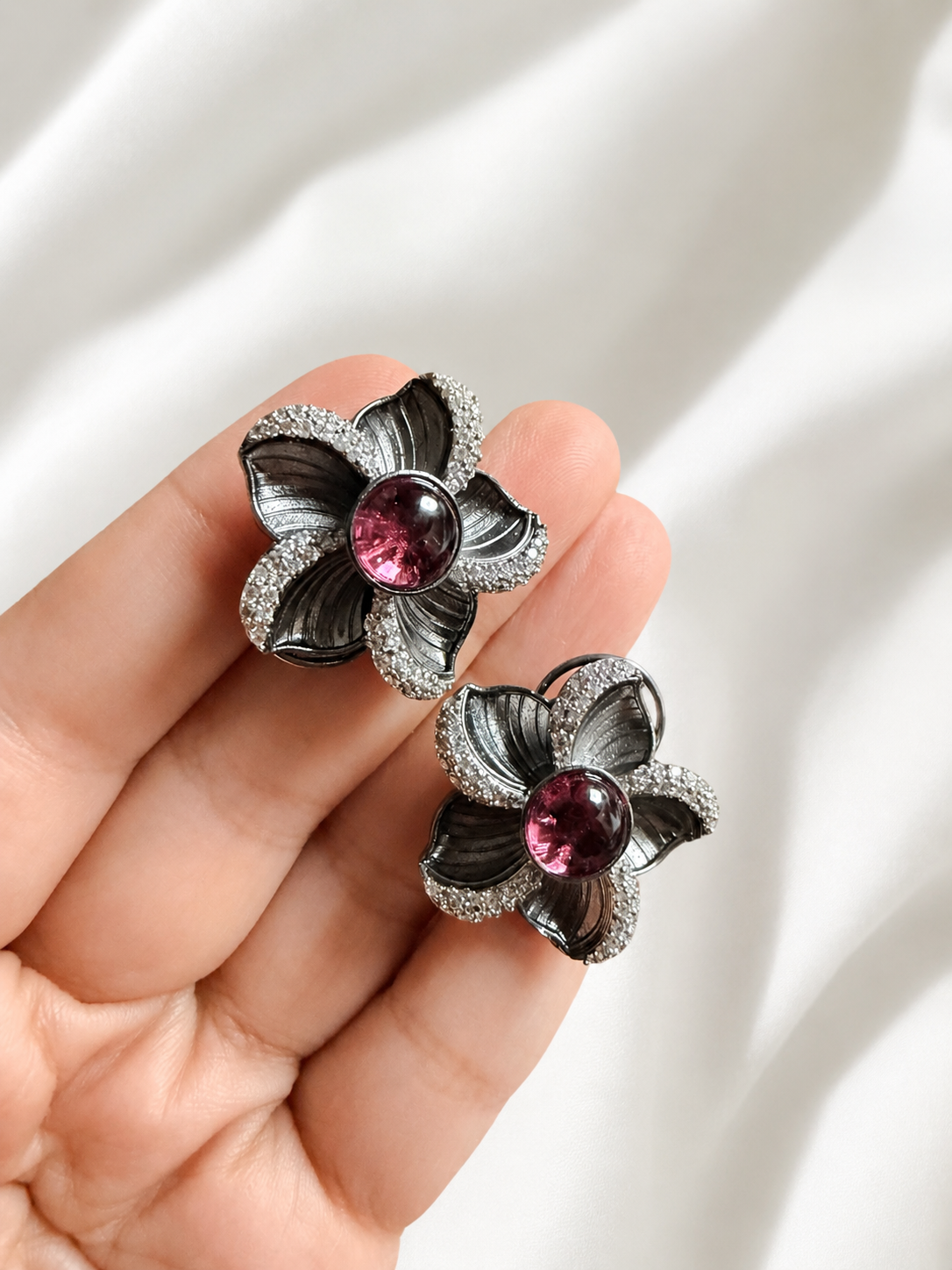 ROSIE | Pink Stone Silver Oversized Studs