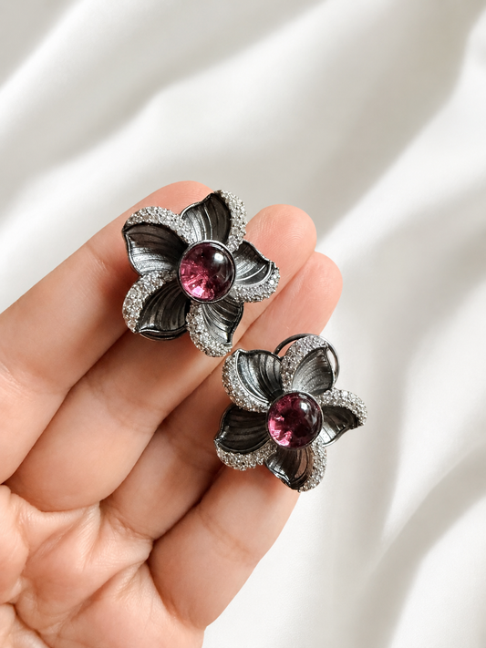 ROSIE | Pink Stone Silver Oversized Studs