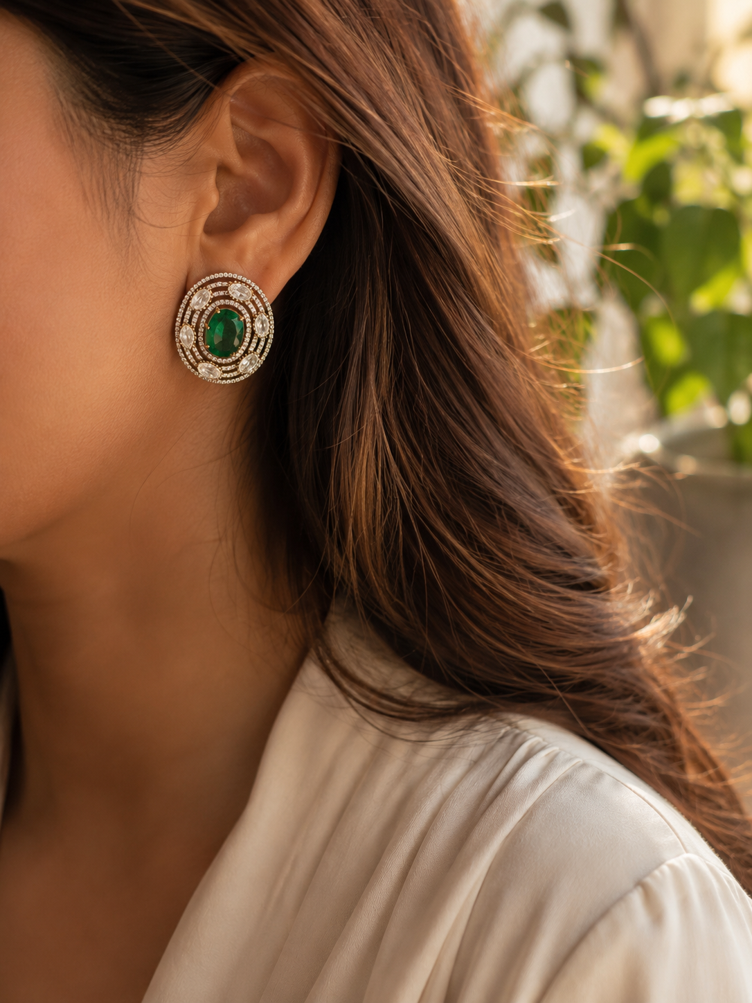 JADE| Green and Gold Oversized Stud Earrings: Jade Green Polki Statement Jewelry | Birthday Gift Idea