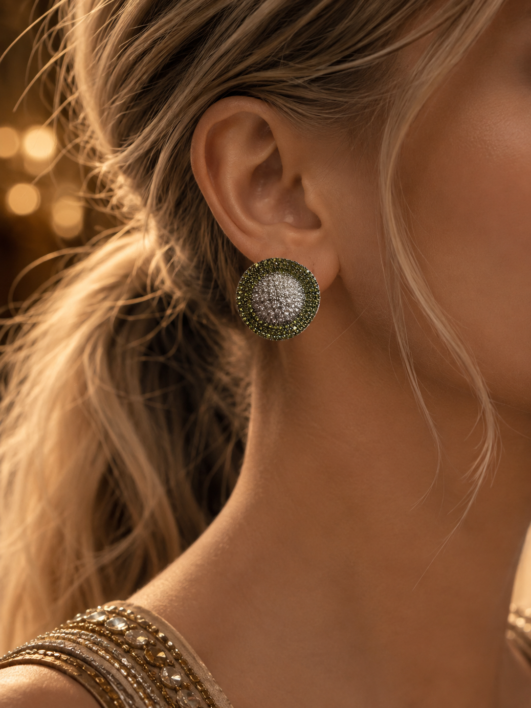 ISABELLA | Olive Green Silver Oversized Studs