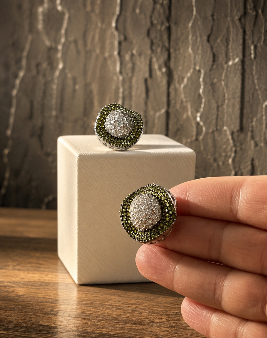 ISABELLA | Olive Green Silver Oversized Studs