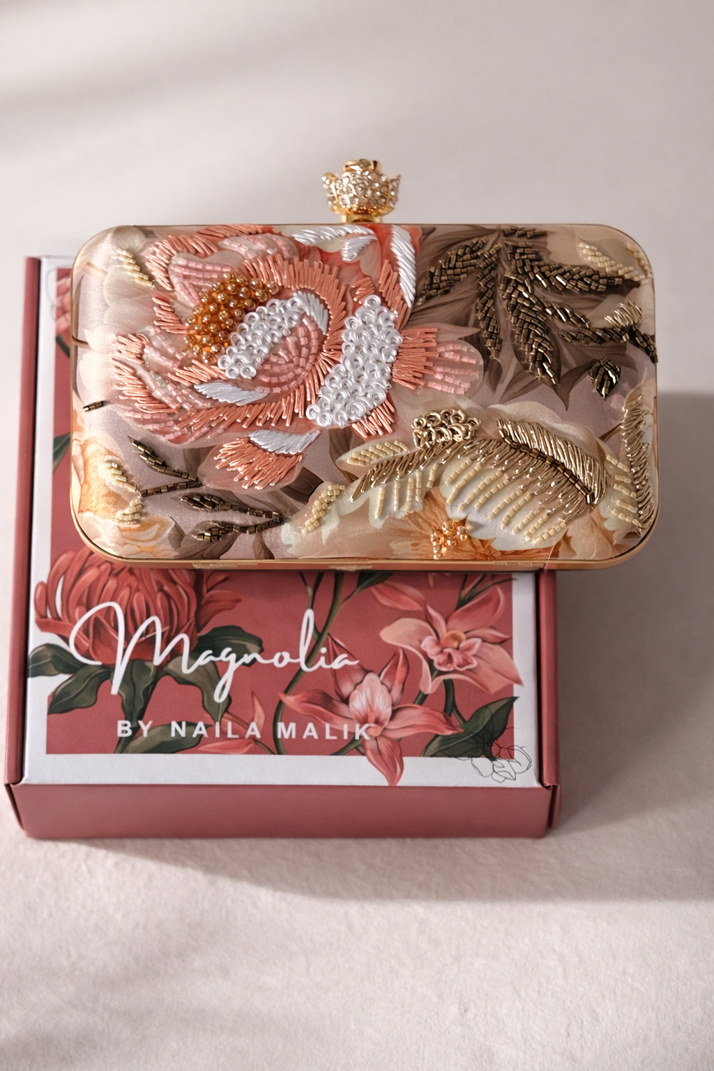 SALQIN | Blush Floral Clutch Bag– Handcrafted Silk & Beadwork