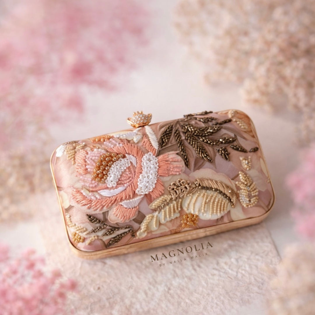 SALQIN | Blush Floral Clutch Bag– Handcrafted Silk & Beadwork