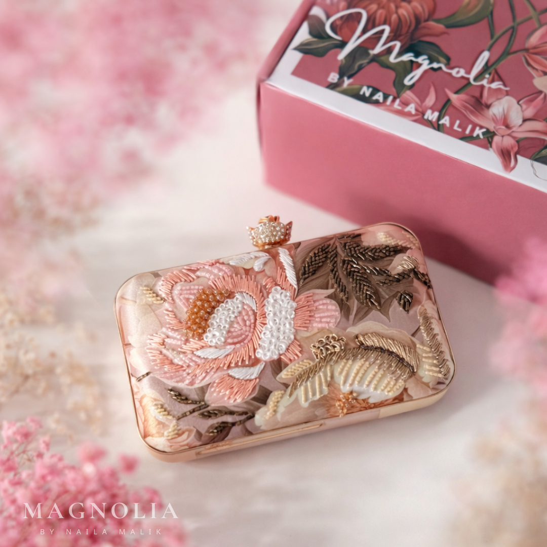 SALQIN | Blush Floral Clutch Bag– Handcrafted Silk & Beadwork