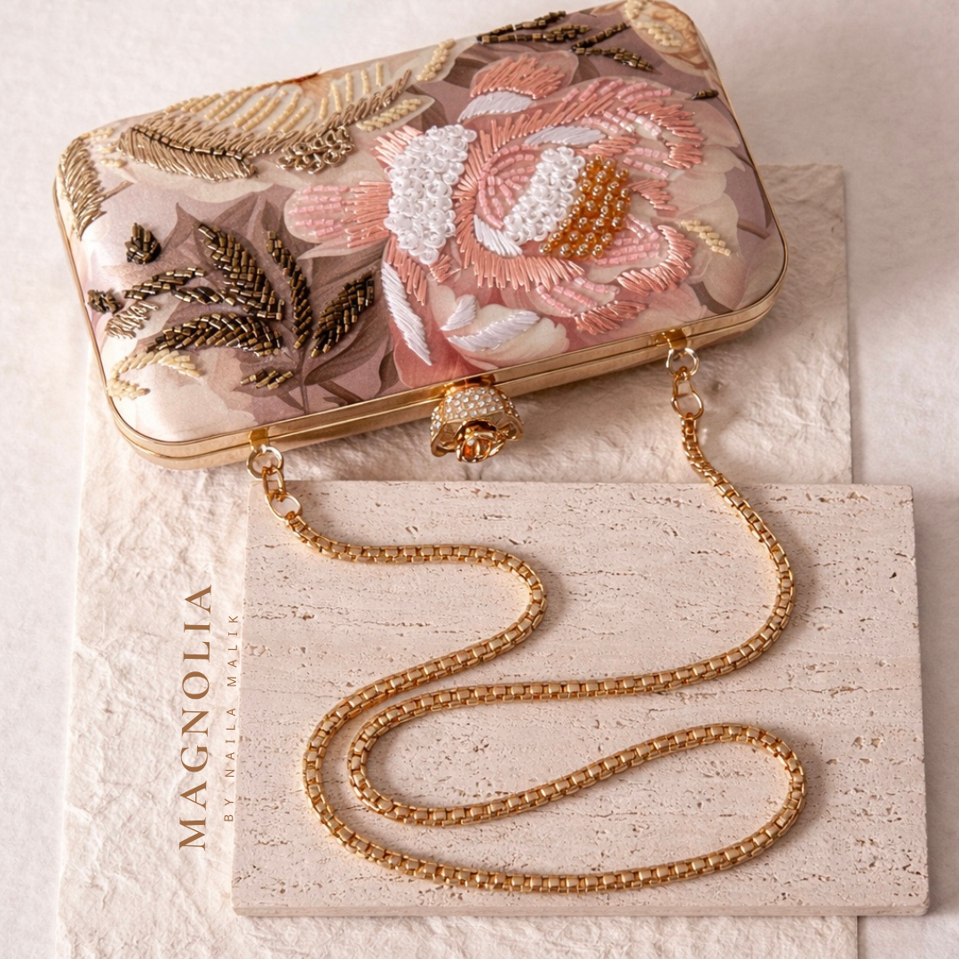 SALQIN | Blush Floral Clutch Bag– Handcrafted Silk & Beadwork