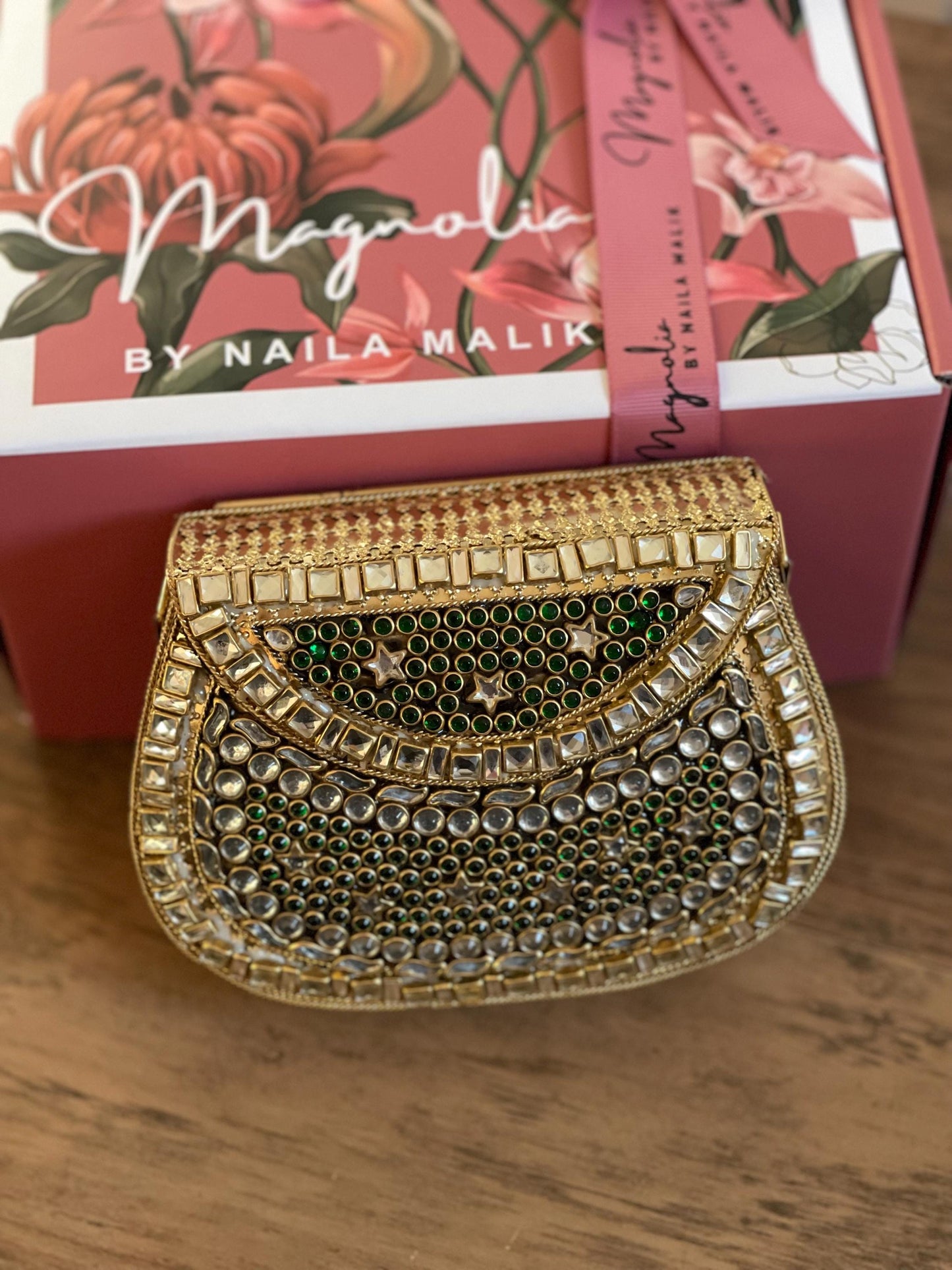 MASHHAD | Gold & Green Evening Bag | Kundan Clutch | Mini Embellished Minaudière Bag | Indian Wedding Purse | Handcrafted Bridal Clutch
