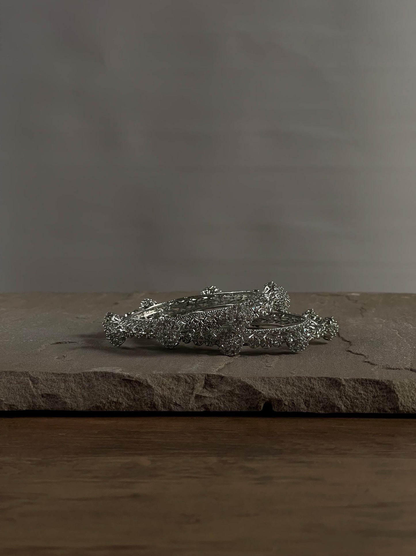 Oxidized Silver Bangles Pair: Intricate Filigree Kara Chori, Size 2.6