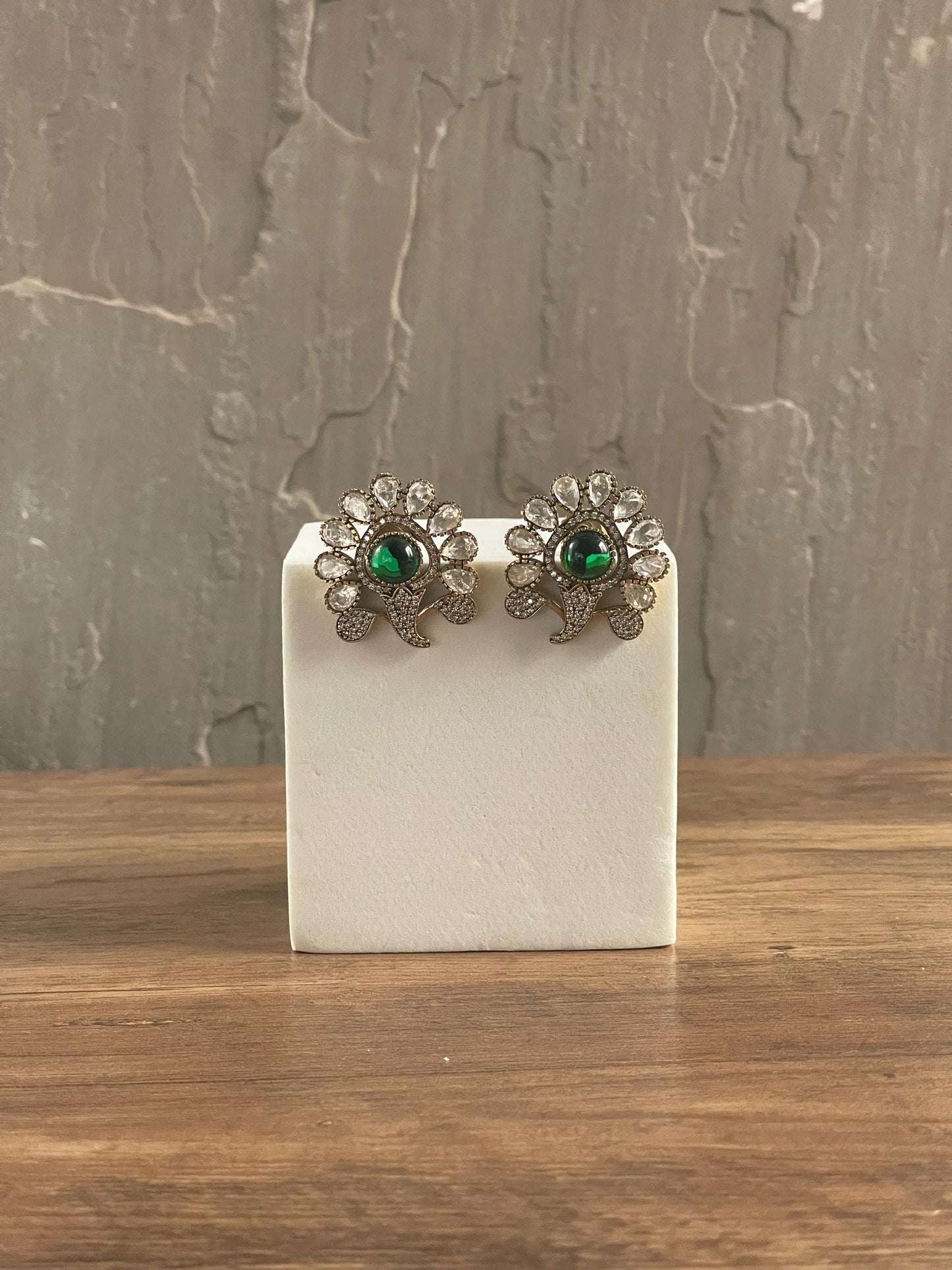 GLORIA | Polki Floral Statement Studs: Crystal & Antique Gold, Red/Pink/Green
