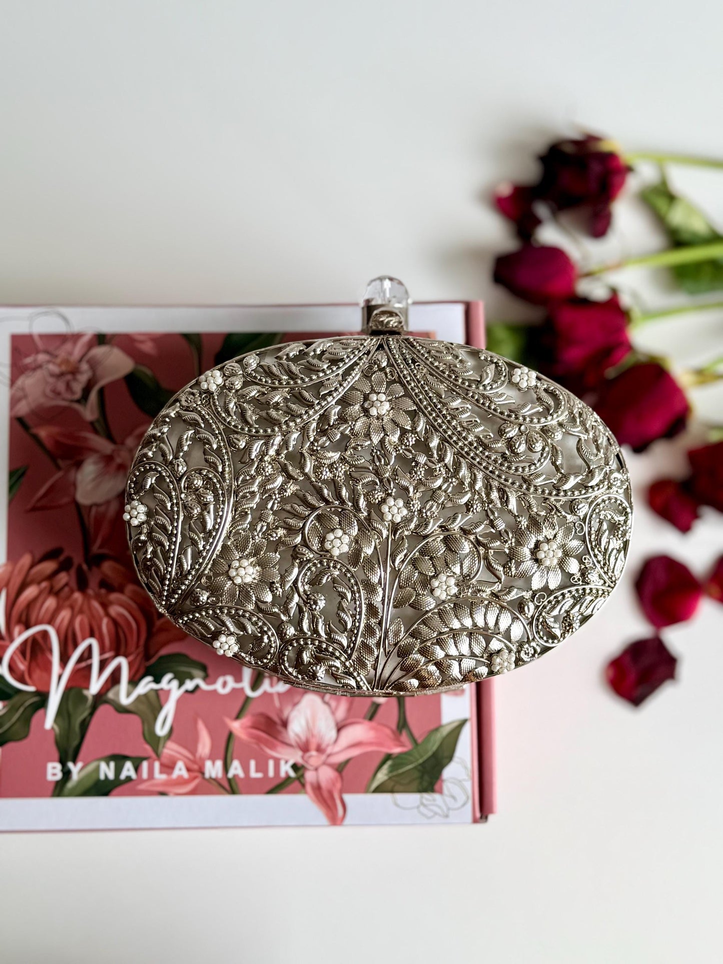 MAEVE | Silver Motif Oval Clutch Bag Mother of Pearl Evening Purse |