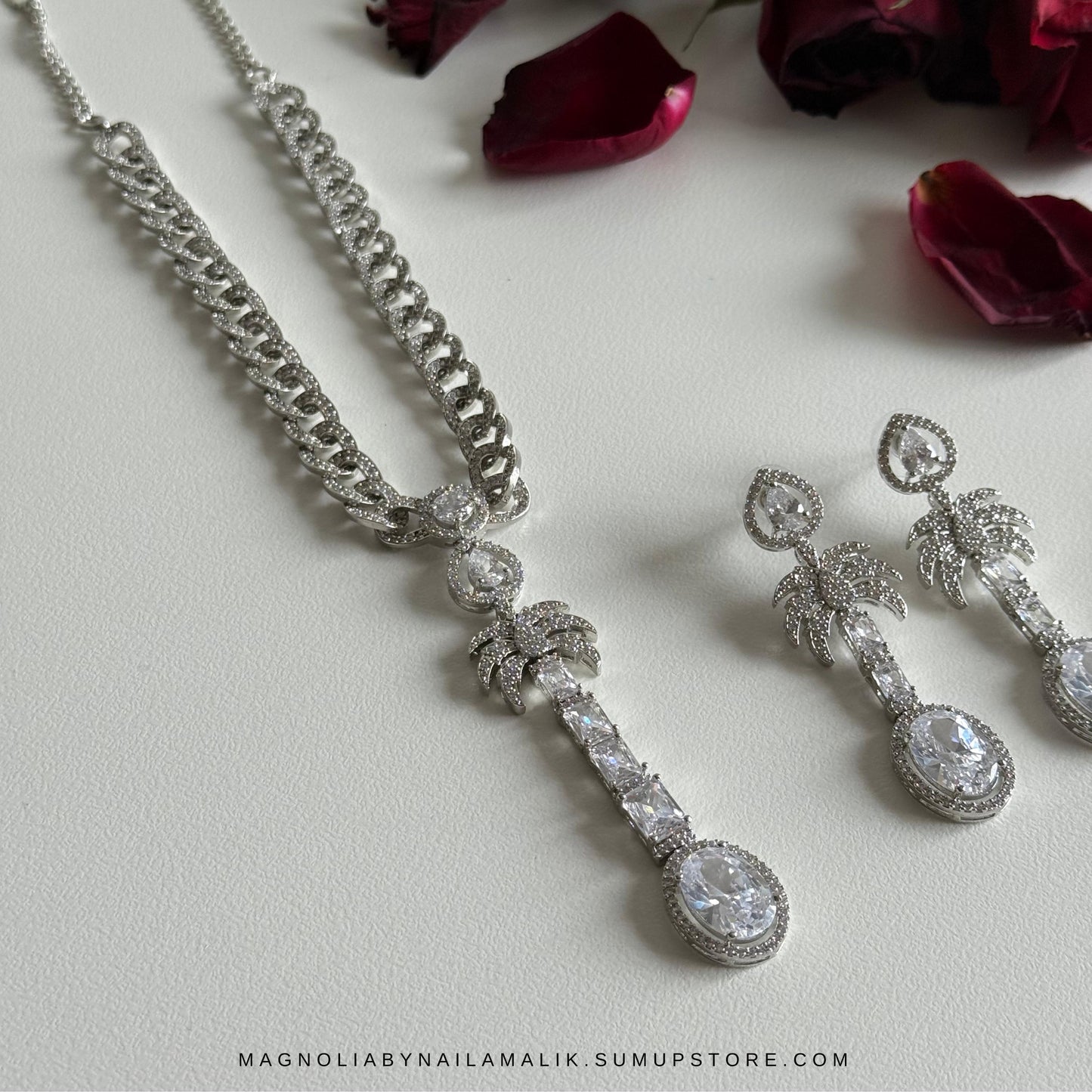 LARA Palm Tree Motif Designer Statement Necklace and Earrings Set in Silver