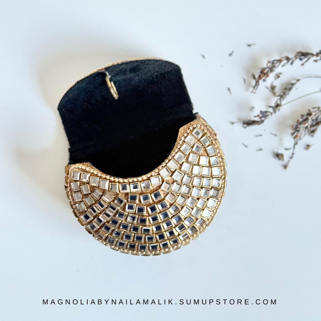MEENA BAZAAR | Micro Mini Glass Work Kundan Minaudiere Clutch Purse
