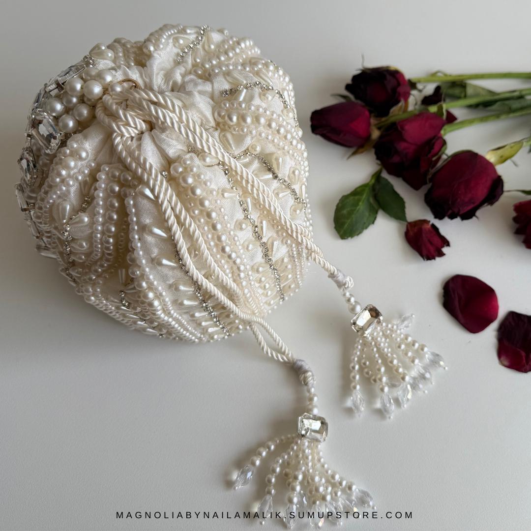 BIKANER | White Cream Potli bag with Bead Work and Crystal Handle | White Wedding Bridal Bag Pouch