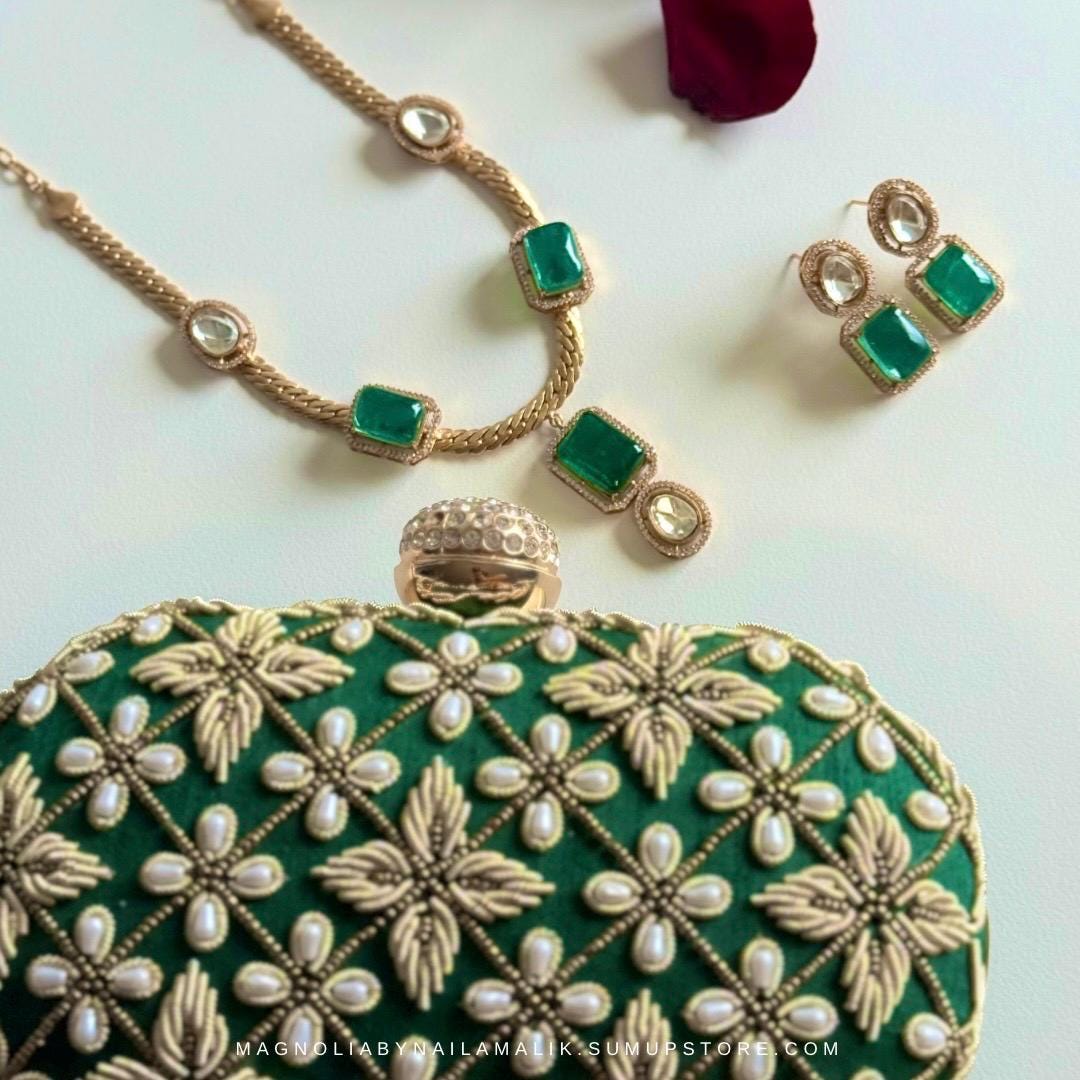 FAY Polki Green and Gold Necklace and Earrings Set | Gift Box Included | Wedding Jewelry