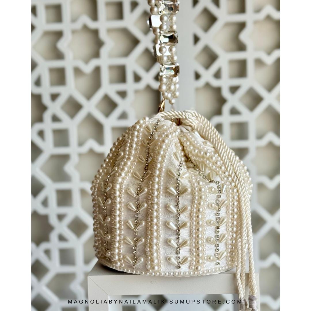 BIKANER | White Cream Potli bag with Bead Work and Crystal Handle | White Wedding Bridal Bag Pouch