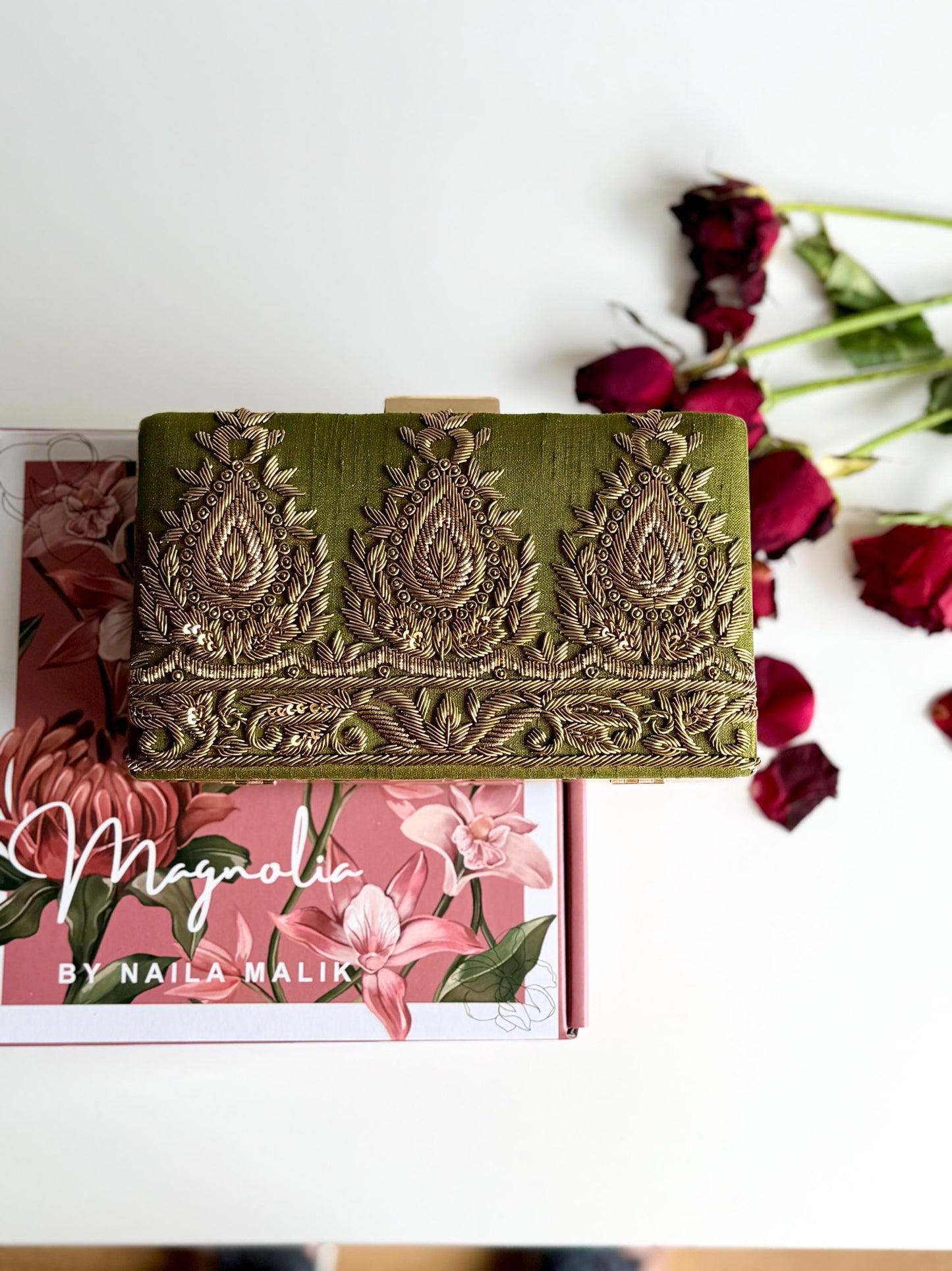 AMARNA | Hand Embellished Olive Green Clutch | Zardozi Dabka Embroidery | Paisley Wedding Clutch | Festive Bridal Purse | Traditional Evening Bag