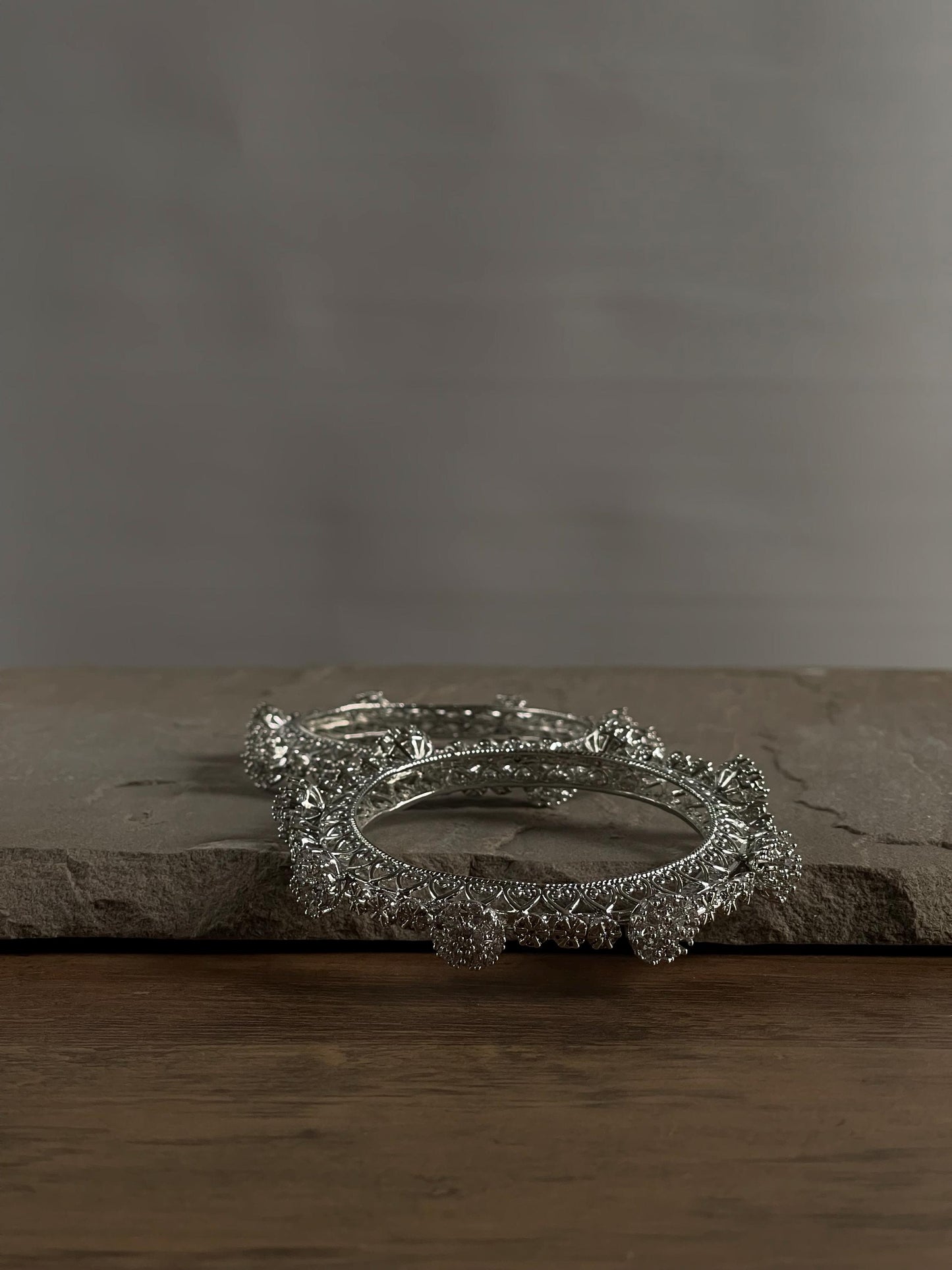 Oxidized Silver Bangles Pair: Intricate Filigree Kara Chori, Size 2.6
