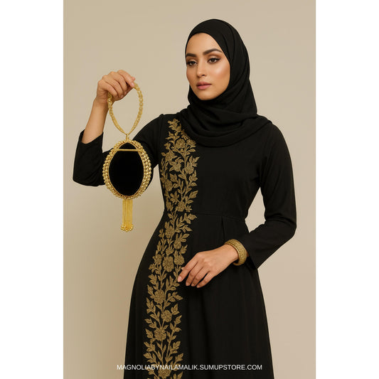 VIENNA | Velvet Black Brass Potli Bag Round Clutch Purse | Gold Hangings | Unique Statement Bag